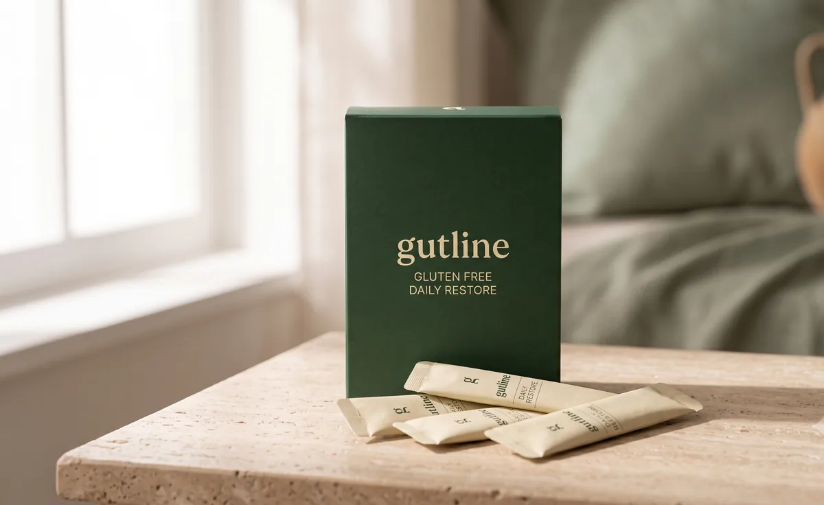 The Gutline carton with three sachets beside it, shown as a design render