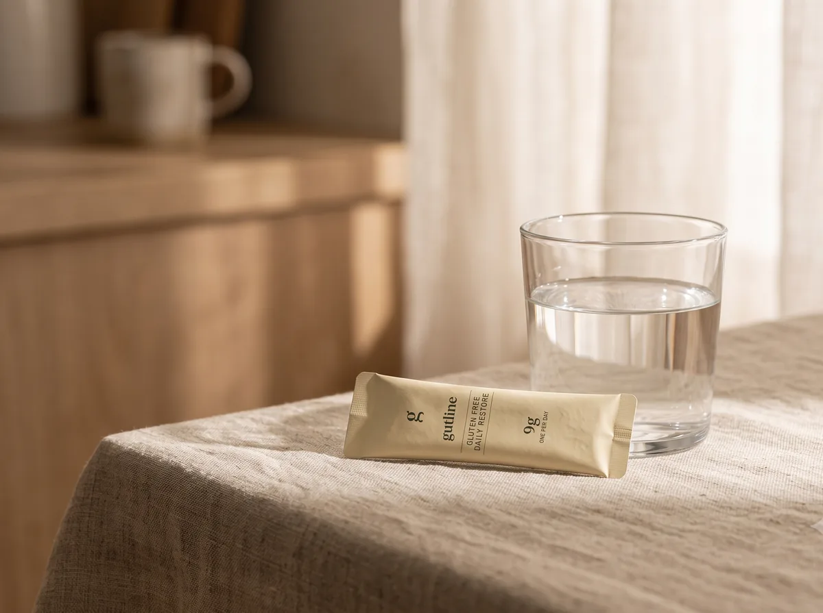 A Gutline sachet resting on linen beside a glass of water in morning light